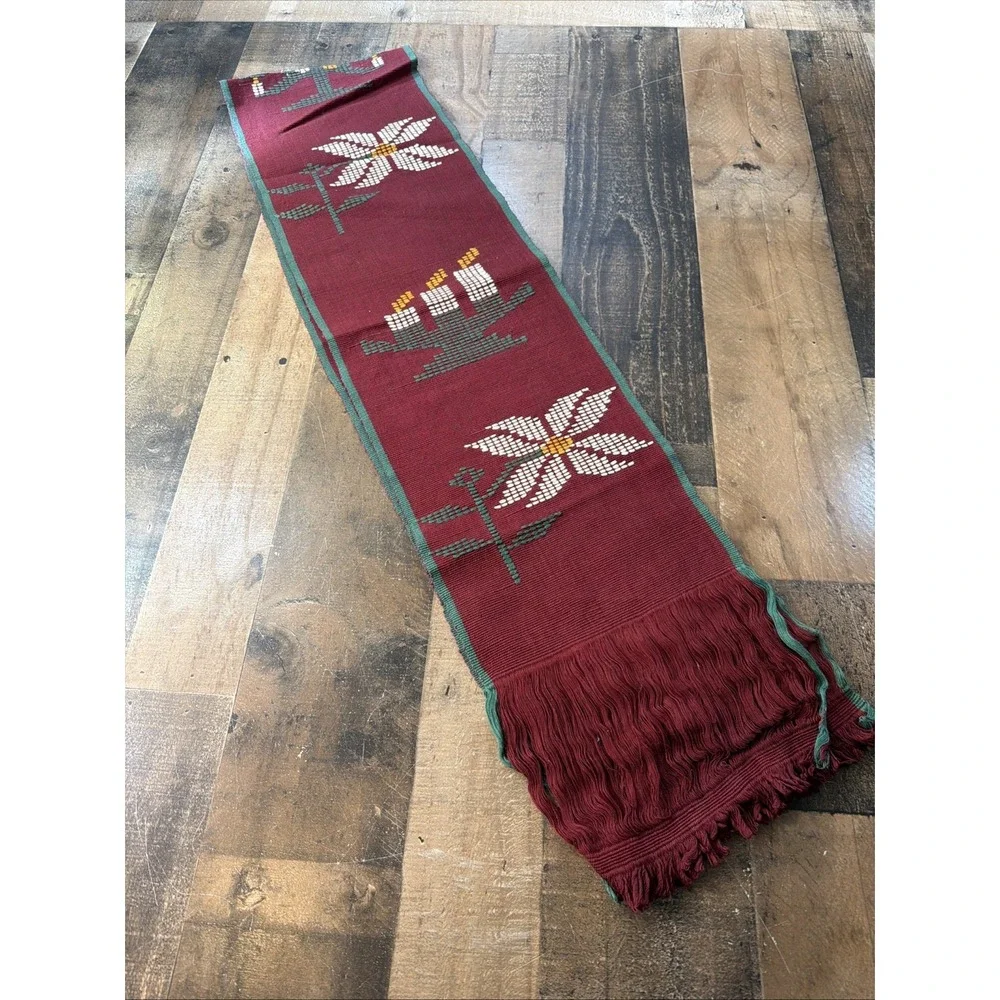 Vintage Christmas Woven Folk Art Table Runner Red‎ Green Poinsettia Candle 9x74